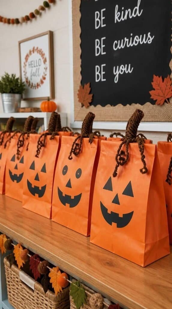 Row of orange paper bag pumpkin crafts with yarn stems
