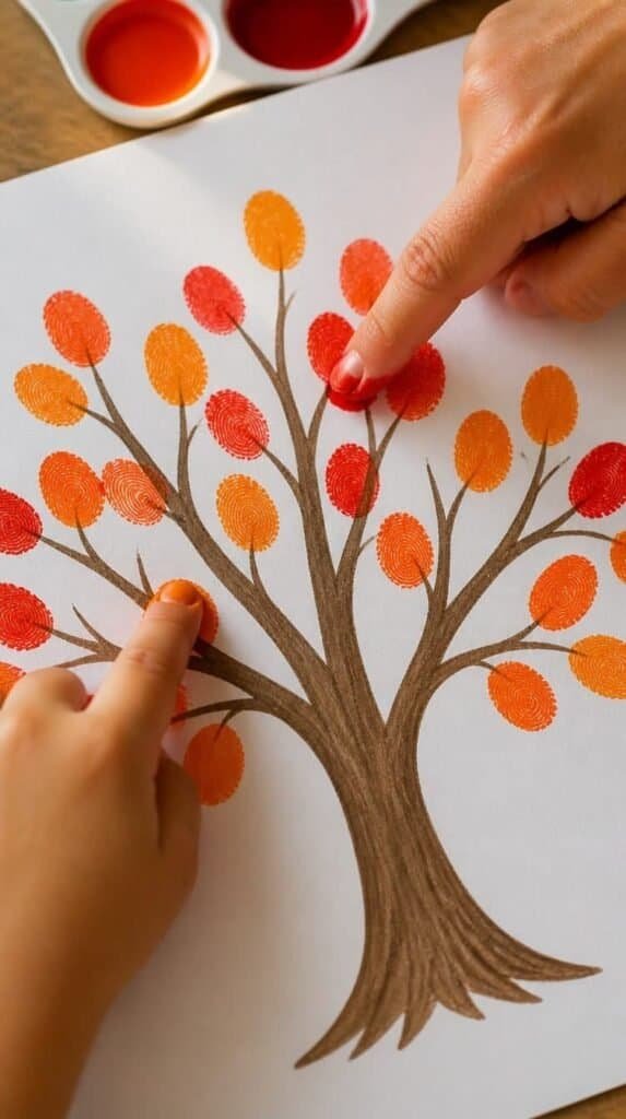 Fingerprint fall tree craft made with orange and red paint