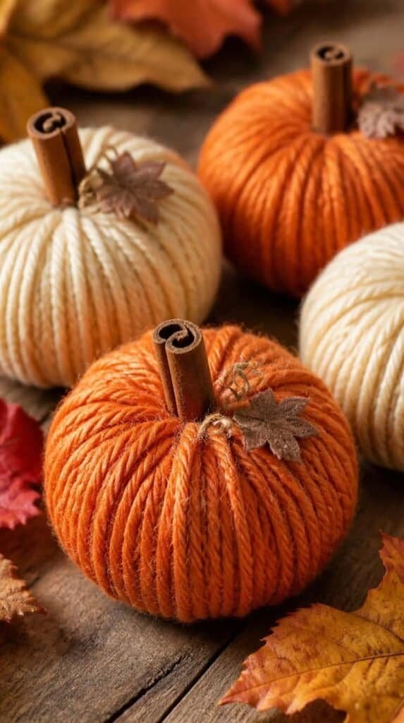 Yarn wrapped mini pumpkin craft with cinnamon stick stem