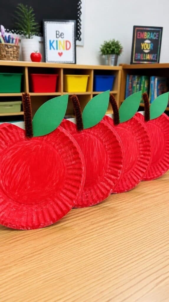 Red paper plate apple craft with pipe cleaner stem for classroom fall activities