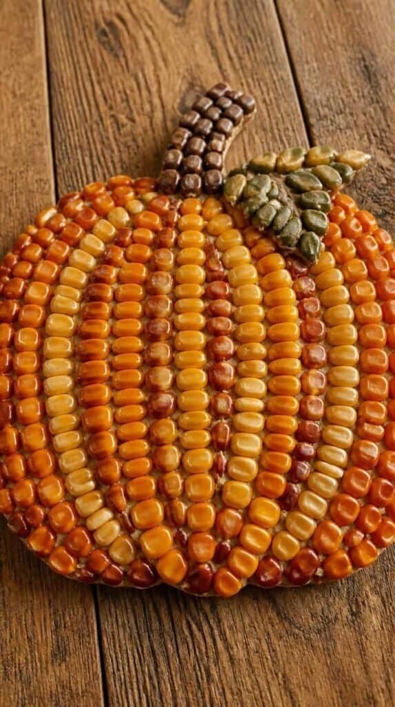 Corn kernel mosaic art craft in a pumpkin shape