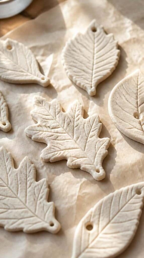 Salt dough leaf ornaments with stamped vein texture