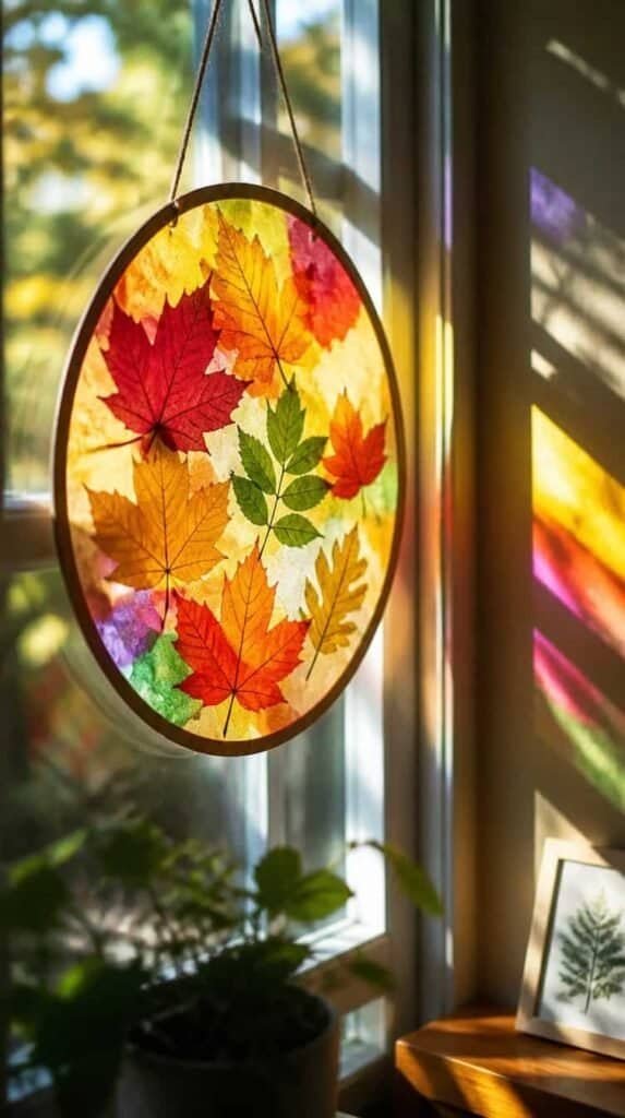 Autumn leaf suncatcher craft hanging in a sunlit window