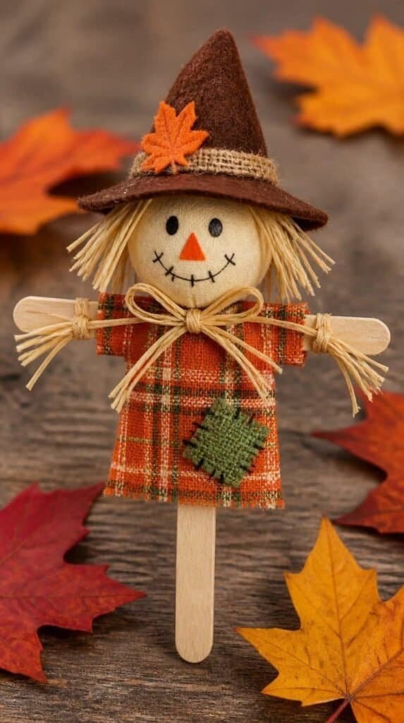 Popsicle stick scarecrow craft with fabric body and felt hat