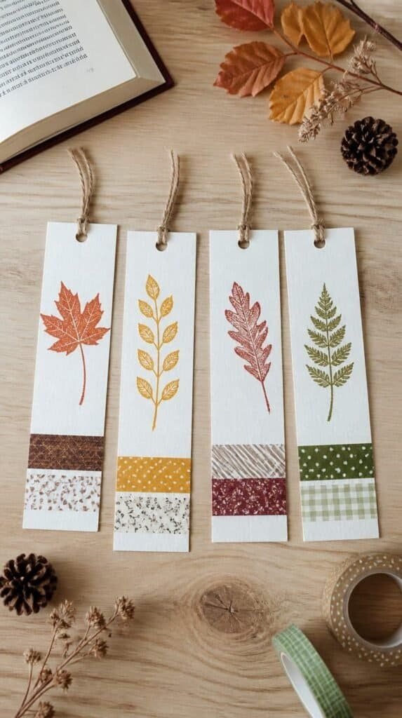 Fall themed bookmarks decorated with washi tape and stamped leaves