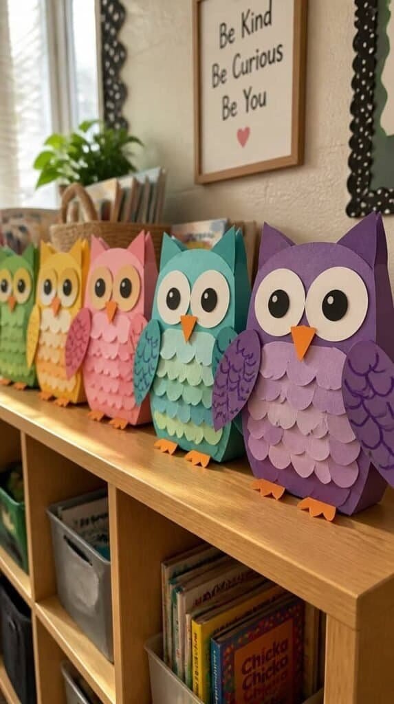 Layered paper owl craft with big eyes for elementary classrooms