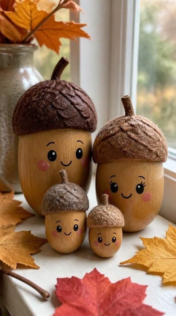 Wooden acorn family craft with felt caps and painted faces