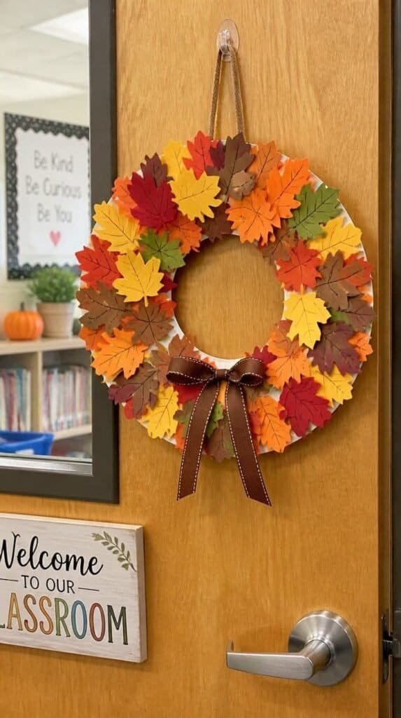 Paper plate fall wreath covered in overlapping paper leaves