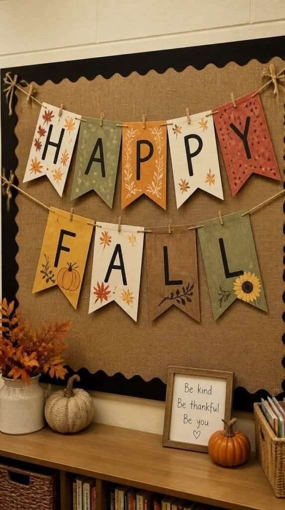 Fall bulletin board banner made of hand decorated paper pennants