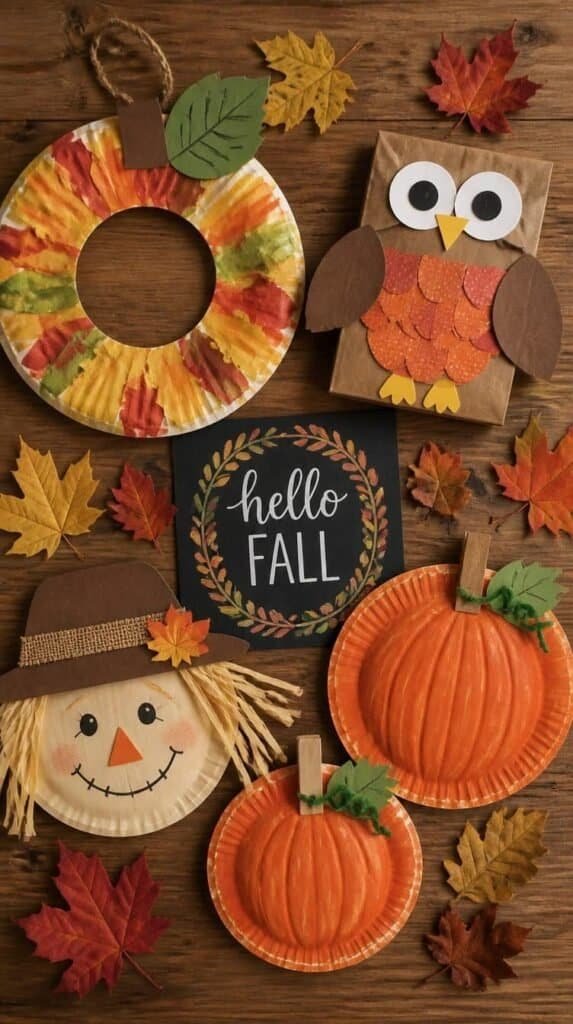 Styled flat lay of finished fall classroom craft projects