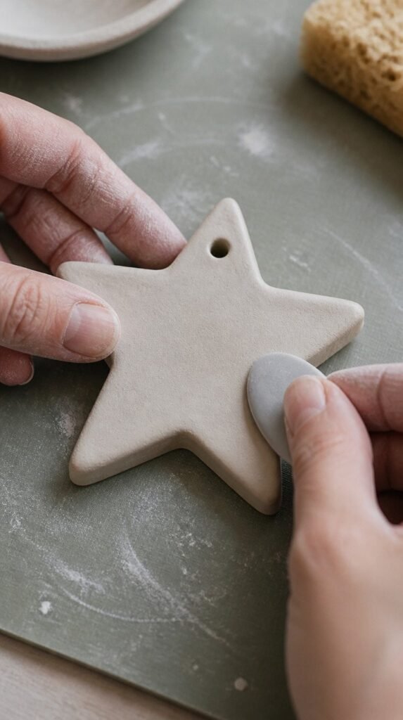 Hands shaping and smoothing a star-shaped air dry clay ornament on a work mat