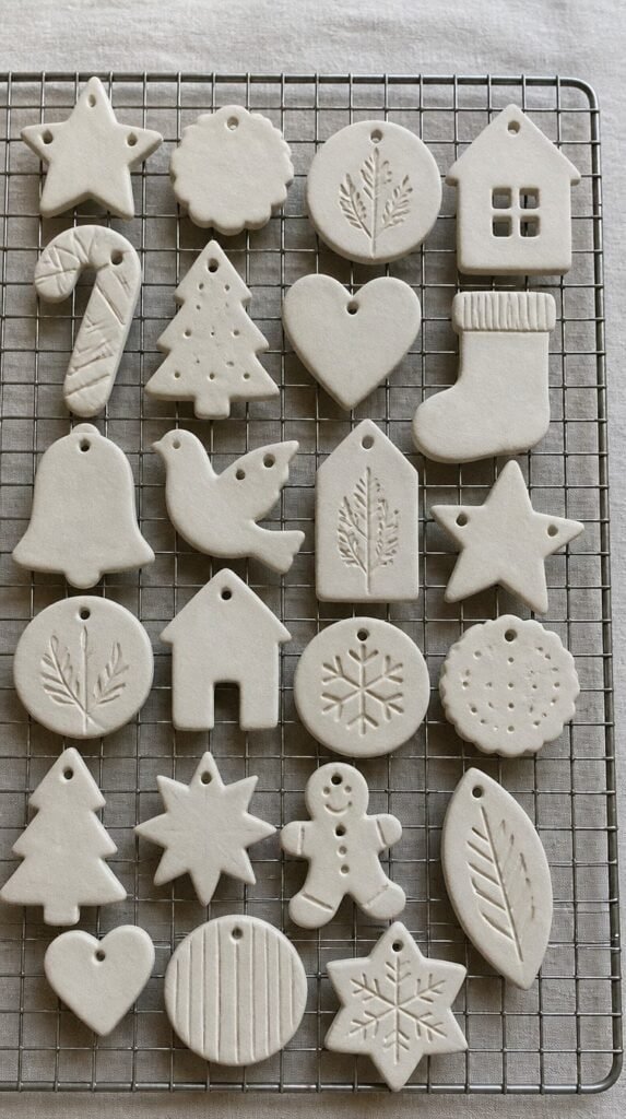 Unglazed air dry clay ornaments laid flat on a wire cooling rack to cure - seal and glaze air dry clay ornaments