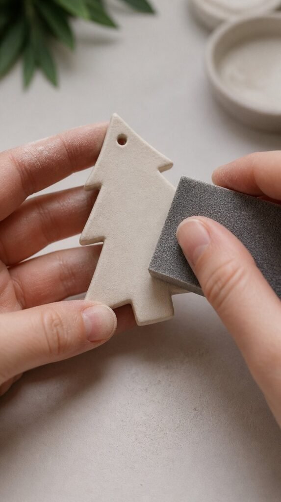Hands lightly sanding a dried air dry clay ornament with a sanding sponge