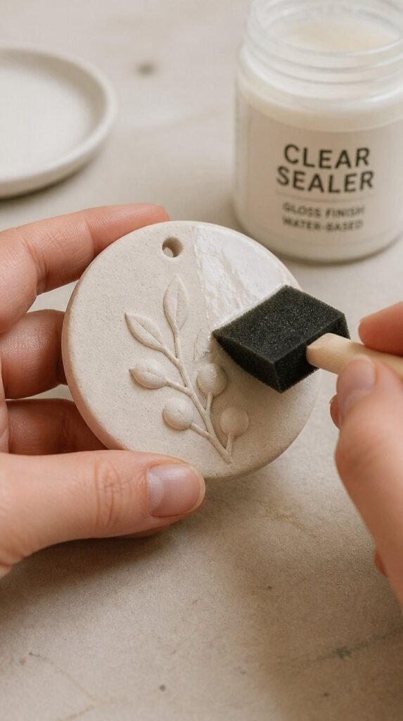 Hands brushing clear sealer onto an air dry clay ornament with a foam brush