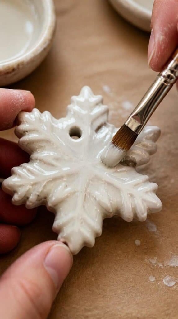 Hands applying glossy glaze to a snowflake shaped clay ornament with a fine brush