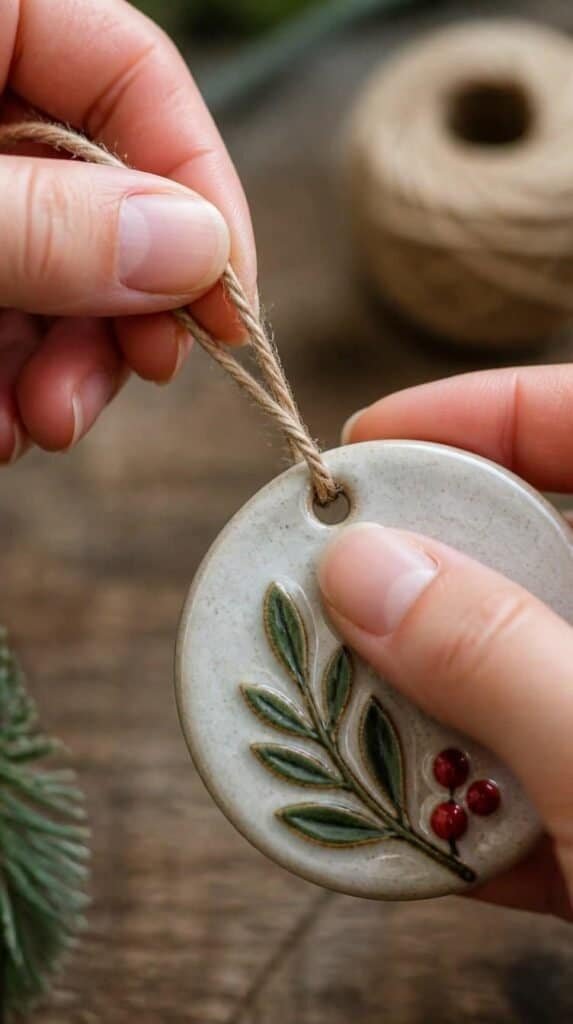 Hands threading jute twine through a finished glazed clay ornament to make a hanging loop