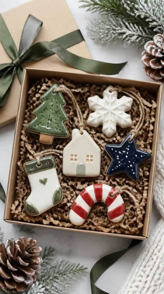 Styled flat lay of finished glossy glazed air dry clay ornaments in a small gift box with ribbon