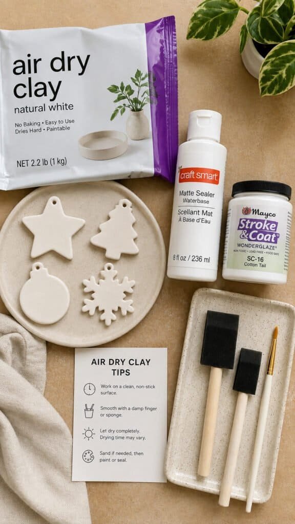 Flat lay of air dry clay crafting supplies including sealer, glaze, and foam brushes