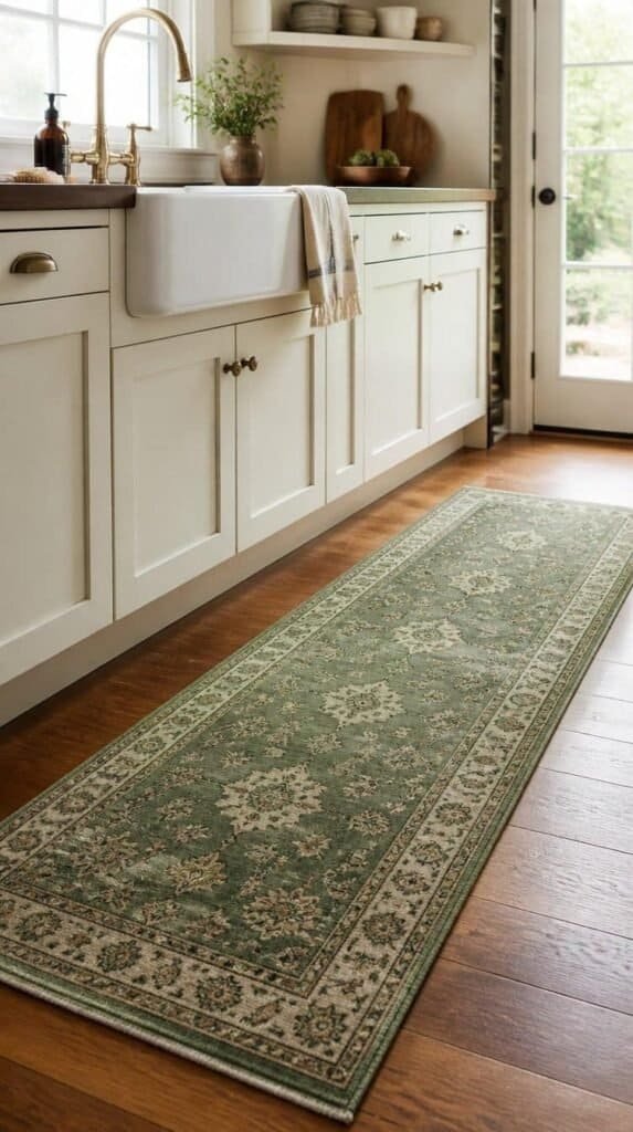 Green kitchen runner rug on wood floors in front of the sink