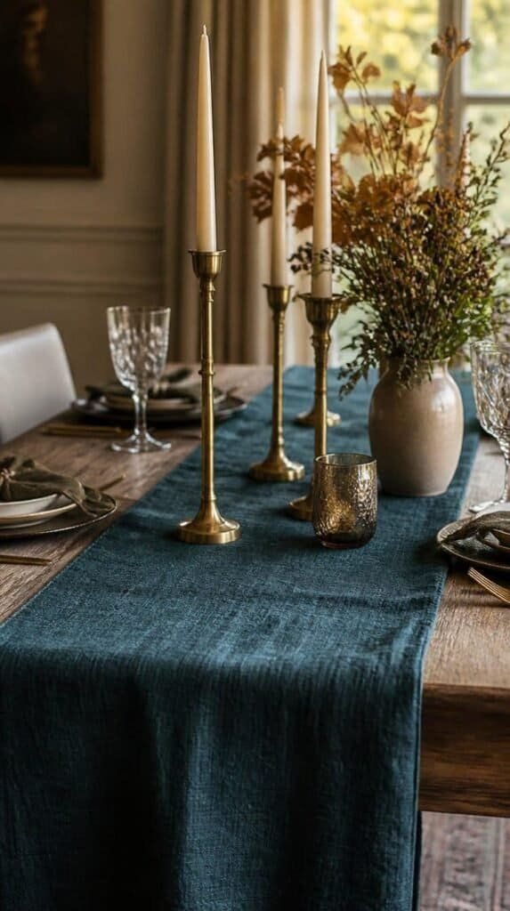 Deep teal linen table runner with brass taper candle holders
