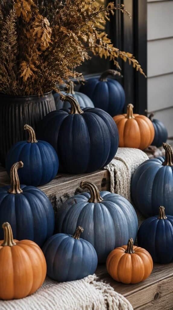Faux pumpkins painted navy and dusty blue mixed with amber pumpkins