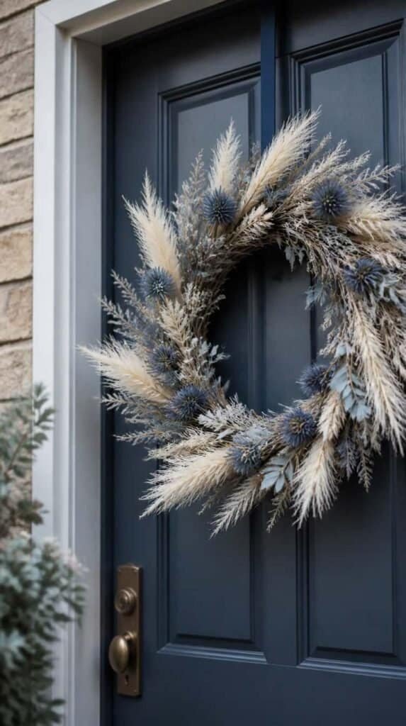 Slate blue wreath with dried thistle and pampas grass on a door