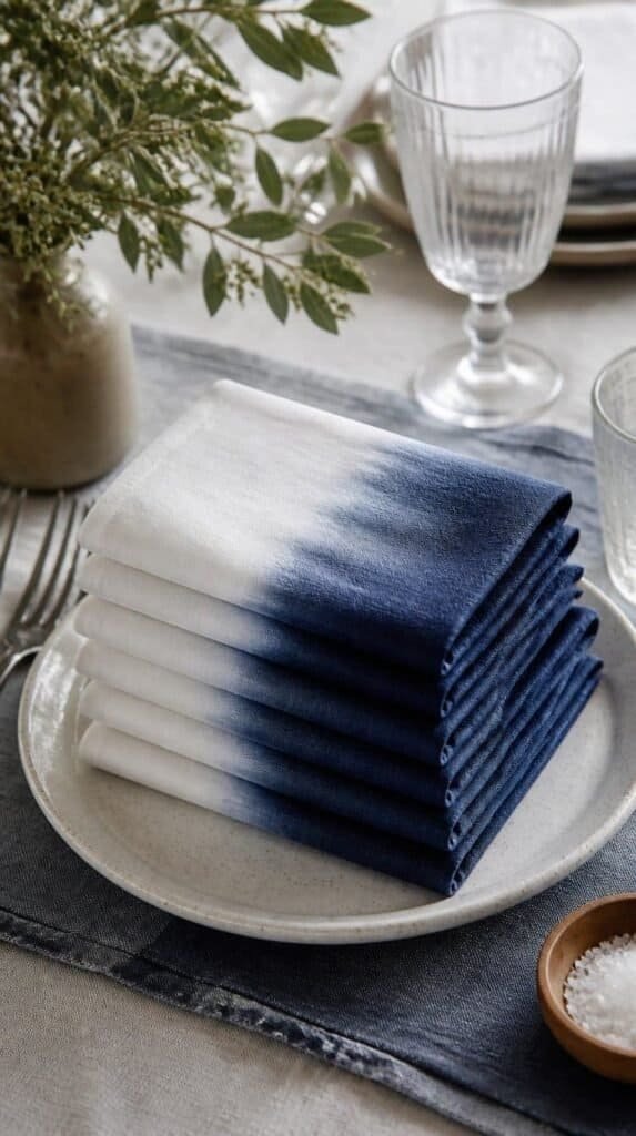 Indigo dip dyed cotton napkins stacked at a table setting