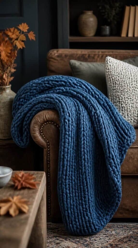 Denim blue chunky knit throw blanket draped on a sofa