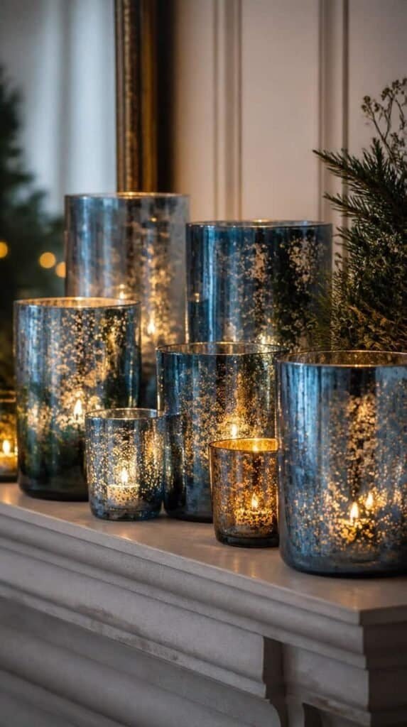 Blue mercury glass votive candle holders grouped on a mantel