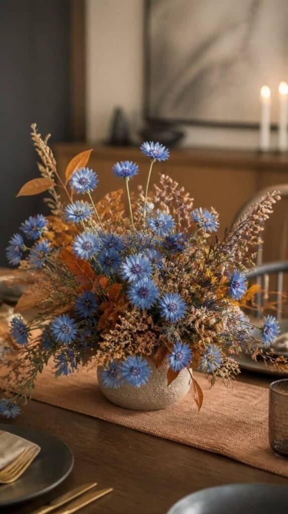 Faux cornflower blue floral centerpiece with rust dried leaves