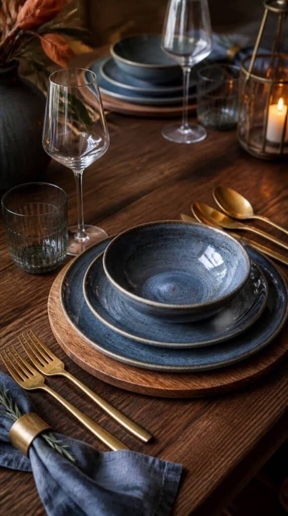 Steel blue stoneware table setting with wood chargers and brass flatware
