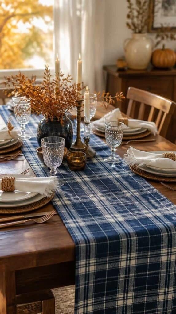 Blue plaid table runner with cream napkins on a dining table