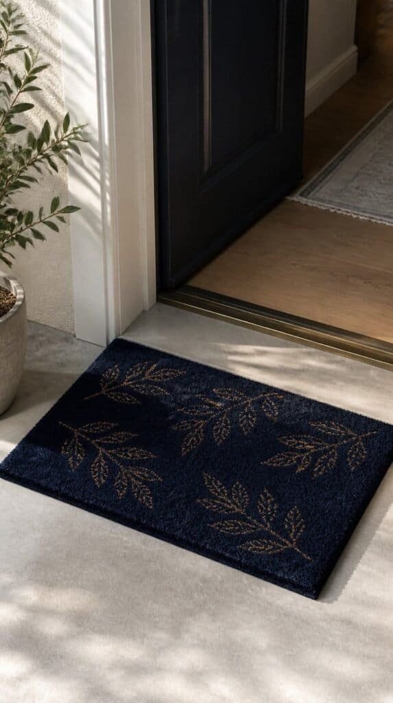 Navy coir door mat with a subtle leaf motif at an apartment entrance