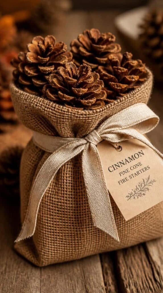 Cinnamon pine cone fire starter bundles wrapped in burlap with linen ribbon