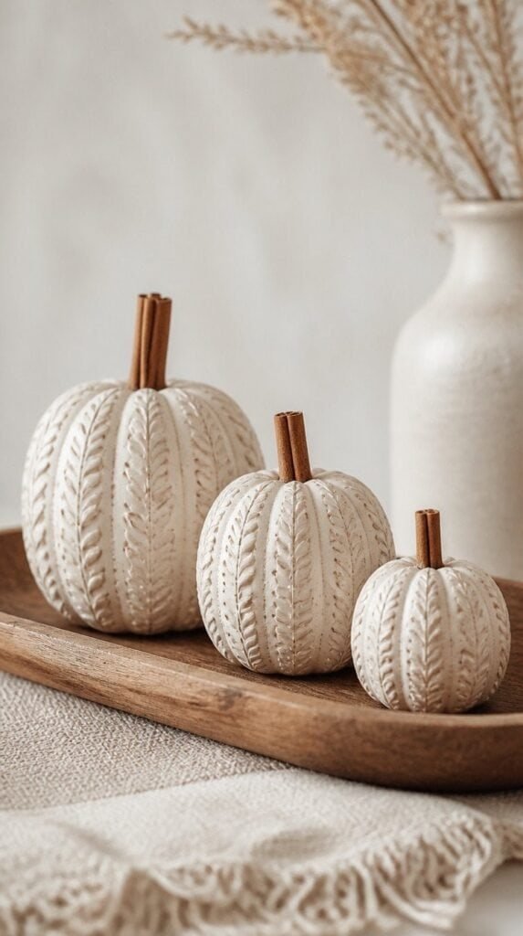 Hand stamped air dry clay pumpkins in graduating sizes with cinnamon stick stems