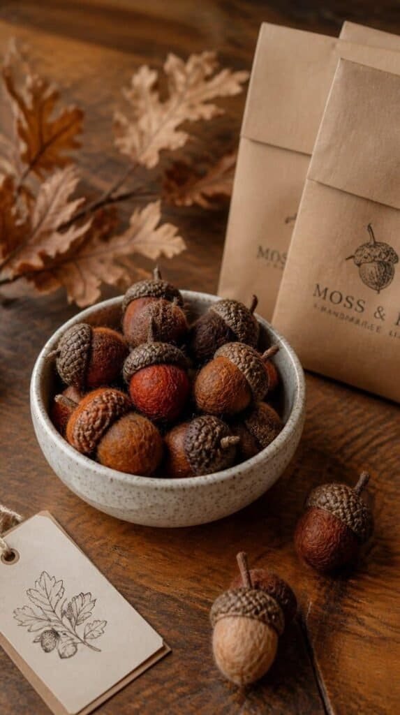 Bowl of felted wool acorns in warm brown and rust tones with kraft paper bags