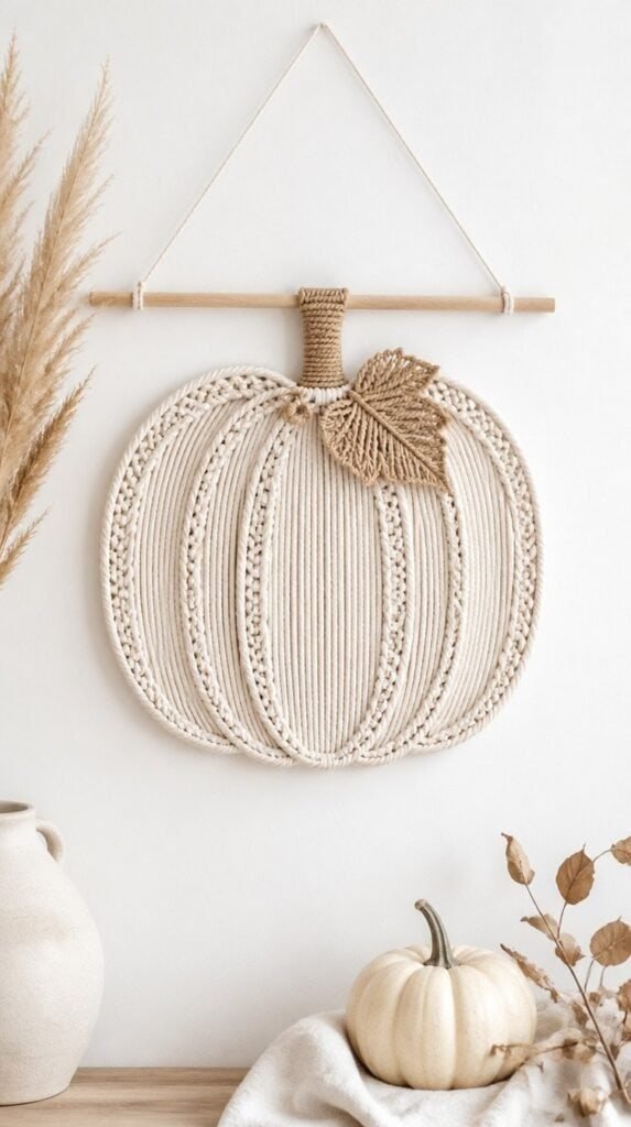 Macrame pumpkin shaped wall hanging in natural cotton cord against a white wall
