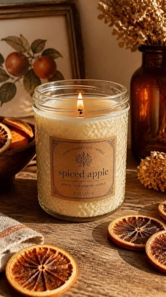 Hand poured soy candle in a vintage style glass jar labeled spiced apple