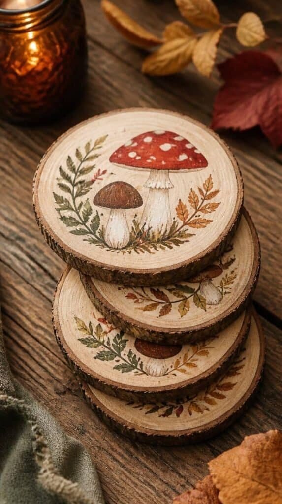 Set of four painted wood slice coasters with hand painted mushroom and leaf designs
