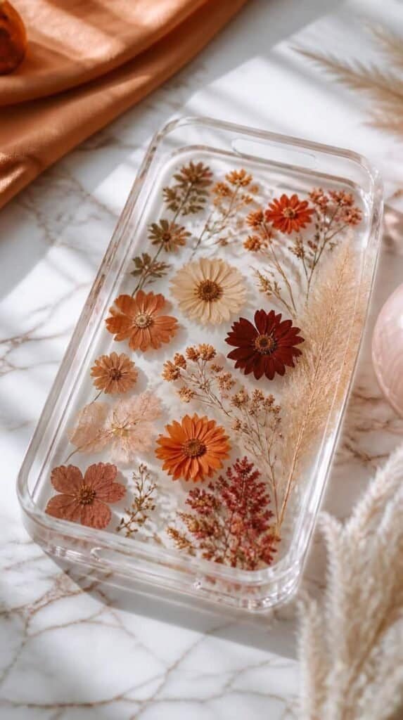 Clear resin tray embedded with pressed fall flowers and pampas grass