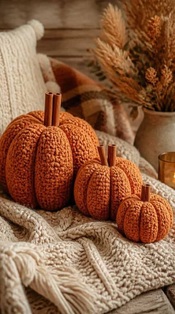 Trio of chunky crocheted pumpkins in graduating sizes with cinnamon stick stems