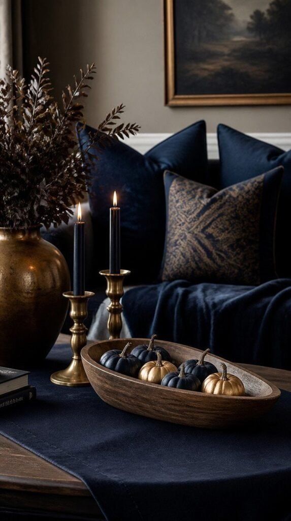 Navy blue throw pillows and table linens styled with brass candle holders