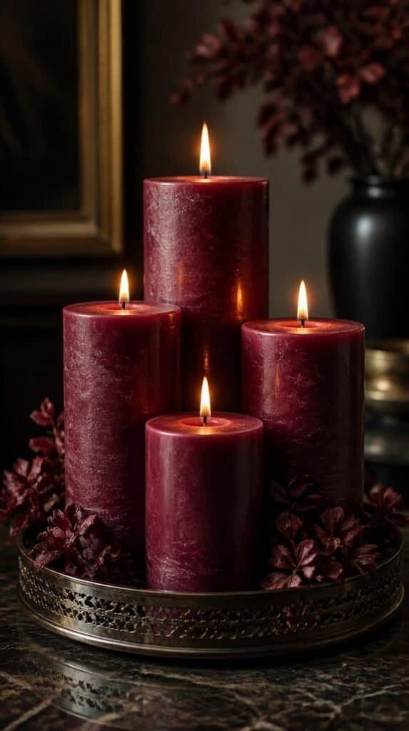 Cluster of deep burgundy pillar candles at varying heights