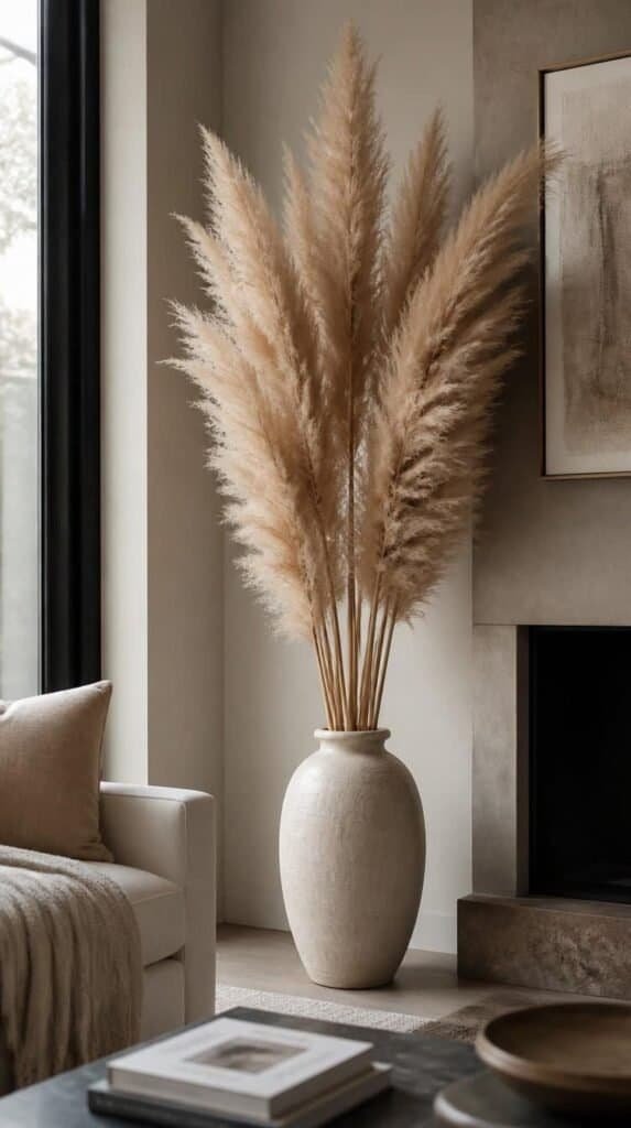 Tall sculptural pampas grass in a ceramic floor vase