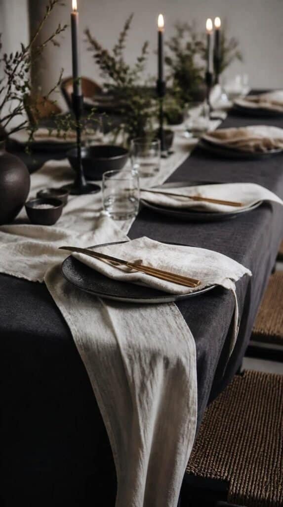 Charcoal tablecloth layered with cream linen napkins