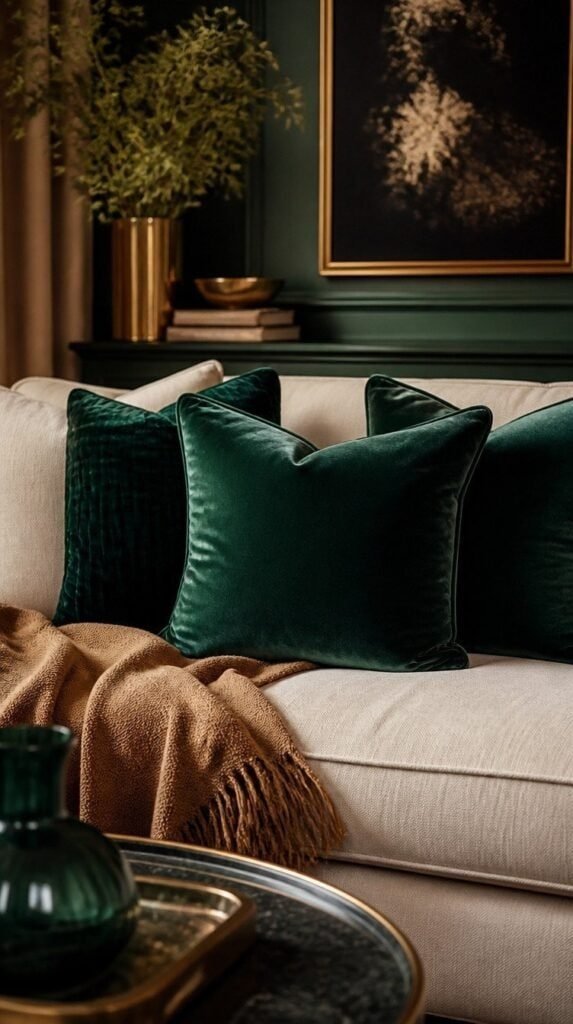 Deep emerald velvet throw pillows on a cream sofa