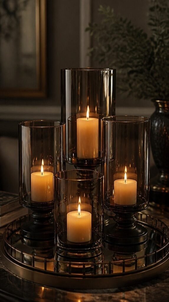 Smoked glass hurricane candle holders clustered on a mirrored tray