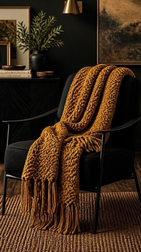 Mustard and ochre chunky knit throw blanket over a black accent chair