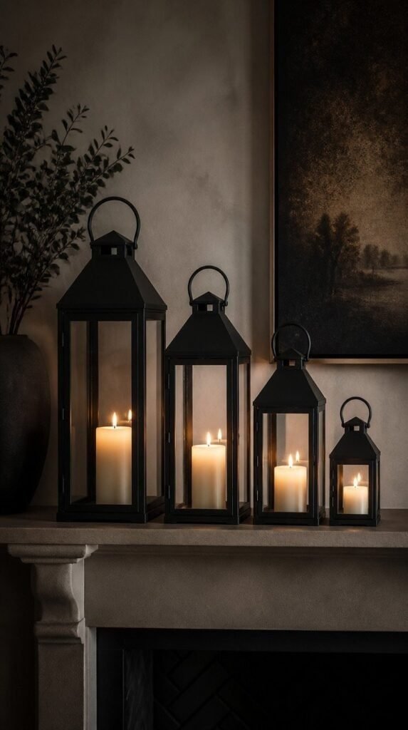 Set of matte black metal lanterns in descending sizes on a mantel