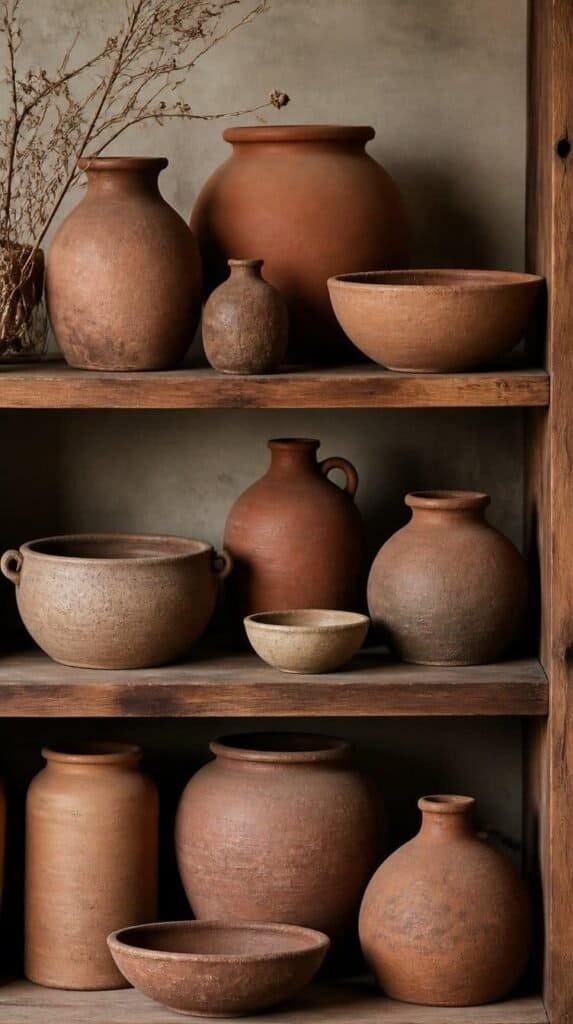Grouping of unglazed terracotta and clay vessels styled on a shelf